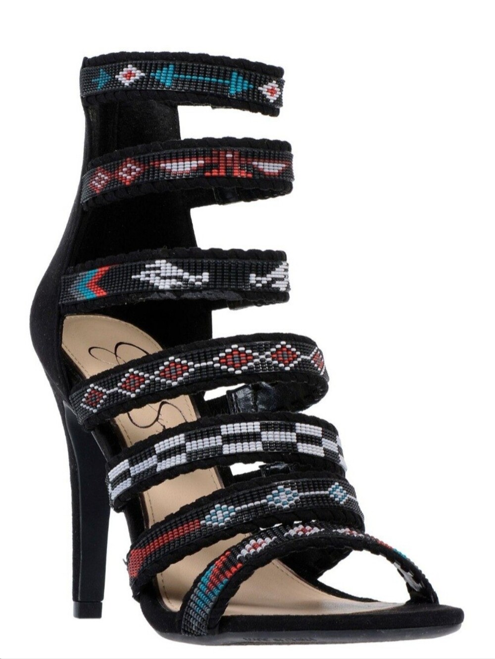 Jessica Simpson ERIENNE Black Strappy Beaded Tribal High Heel Sandals Size 8
